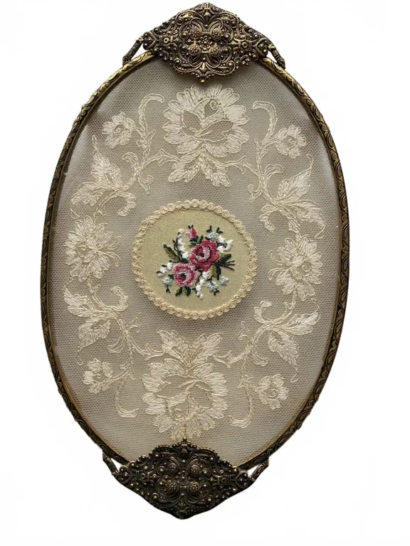 Oval Brass-Framed Embroidered Mesh Panel With Floral Motif