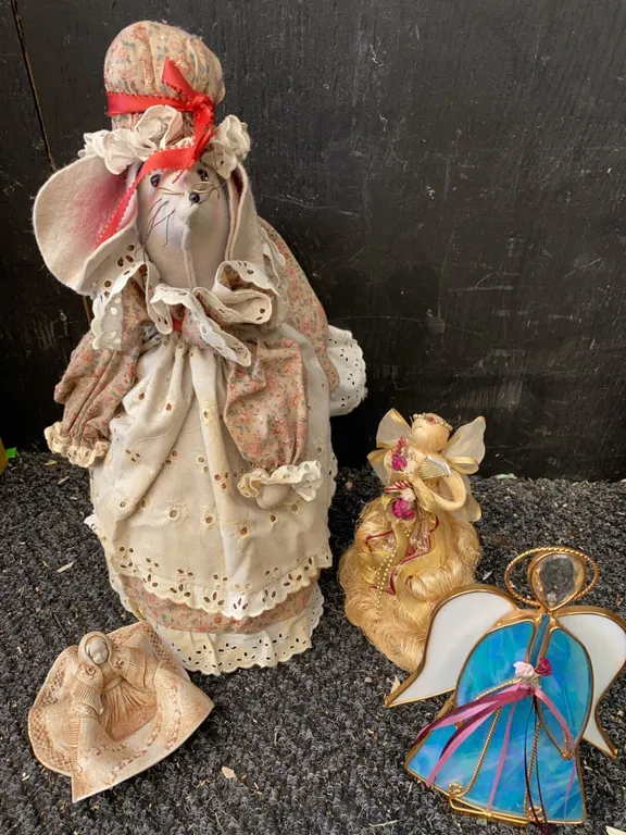 Decorative Lot: Fabric Mouse Doll, Stained Glass Angel, Straw Angel, Figurine