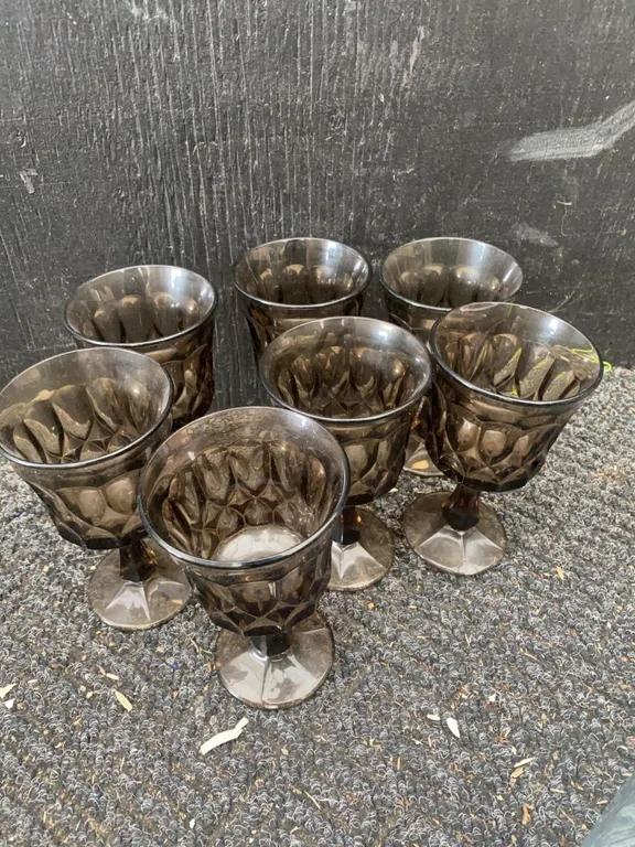 6 Smoky Brown Pressed Glass Goblets