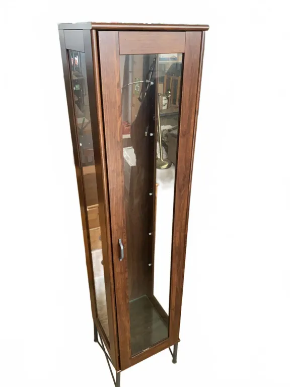 Tall Glass and Wood Display Cabinet with Metal Legs
