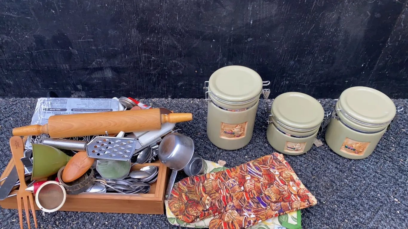 Kitchen Assortment with Storage Jars, Utensils, Rolling Pin, Oven Mitts