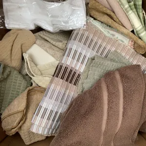 Box Lot of Mixed Kitchen Towels and Linens Assorted Colours and Sizes