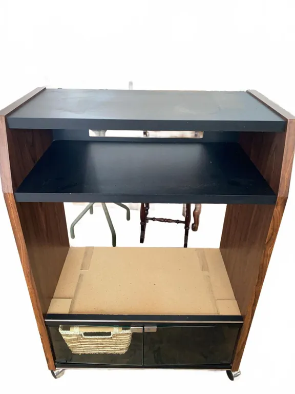 Rolling Wood and Laminate AV Cart with Black Glass Doors and Storage