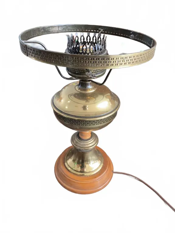 Brass and Wood Electric Table Lamp with Decorative Metal Frame