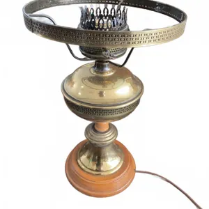 Brass and Wood Electric Table Lamp with Decorative Metal Frame