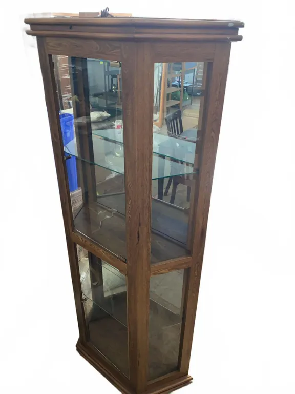 Glass and Wood Corner Display Cabinet With Shelves and Lighting