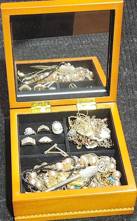 Jewellery Box with Assorted Costume Jewellery and Rings