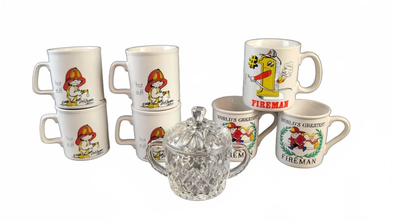 7 Fireman Mugs by Kiln Craft and Contenova with Glass Sugar Bowl