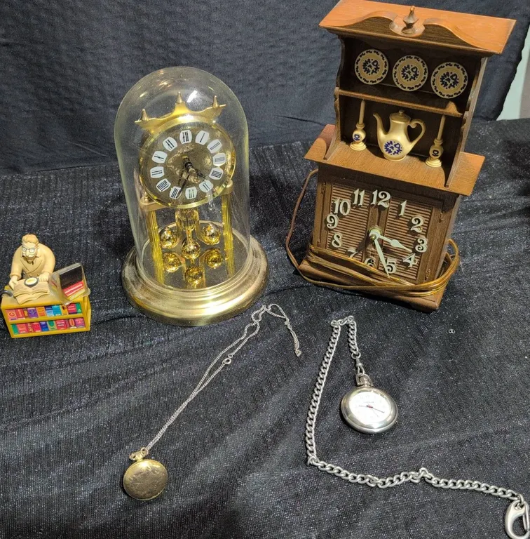 Lot With Anniversary Clock, Shelf Clock, Pocket Watches