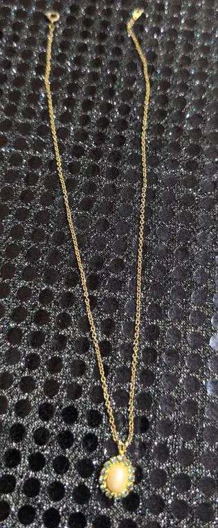 10K Gold Necklace With Faux Pearl and Blue Stone Halo Pendant