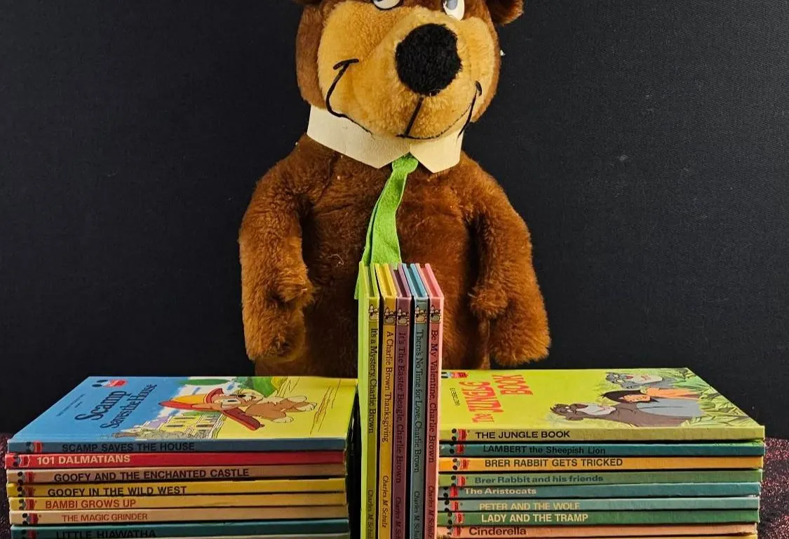 24 Walt Disney and Charlie Brown Hardcover Books with 1980 Yogi Bear Plush