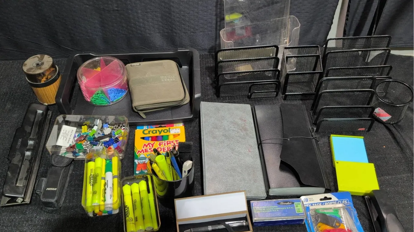 Office Supply Lot with Boxed Pen, Organizer Racks, and Assorted Stationery