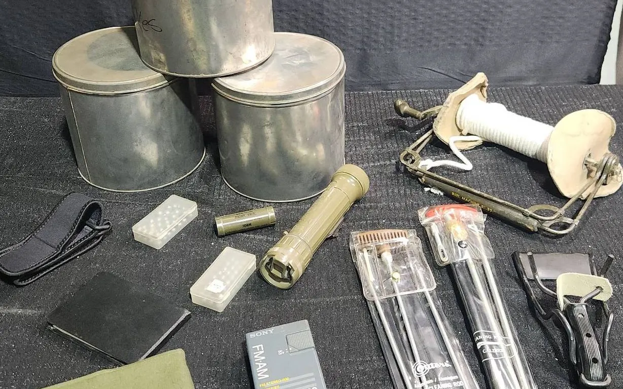 Military Field Equipment Including Tins, Camouflage Stick, Cleaning Rods