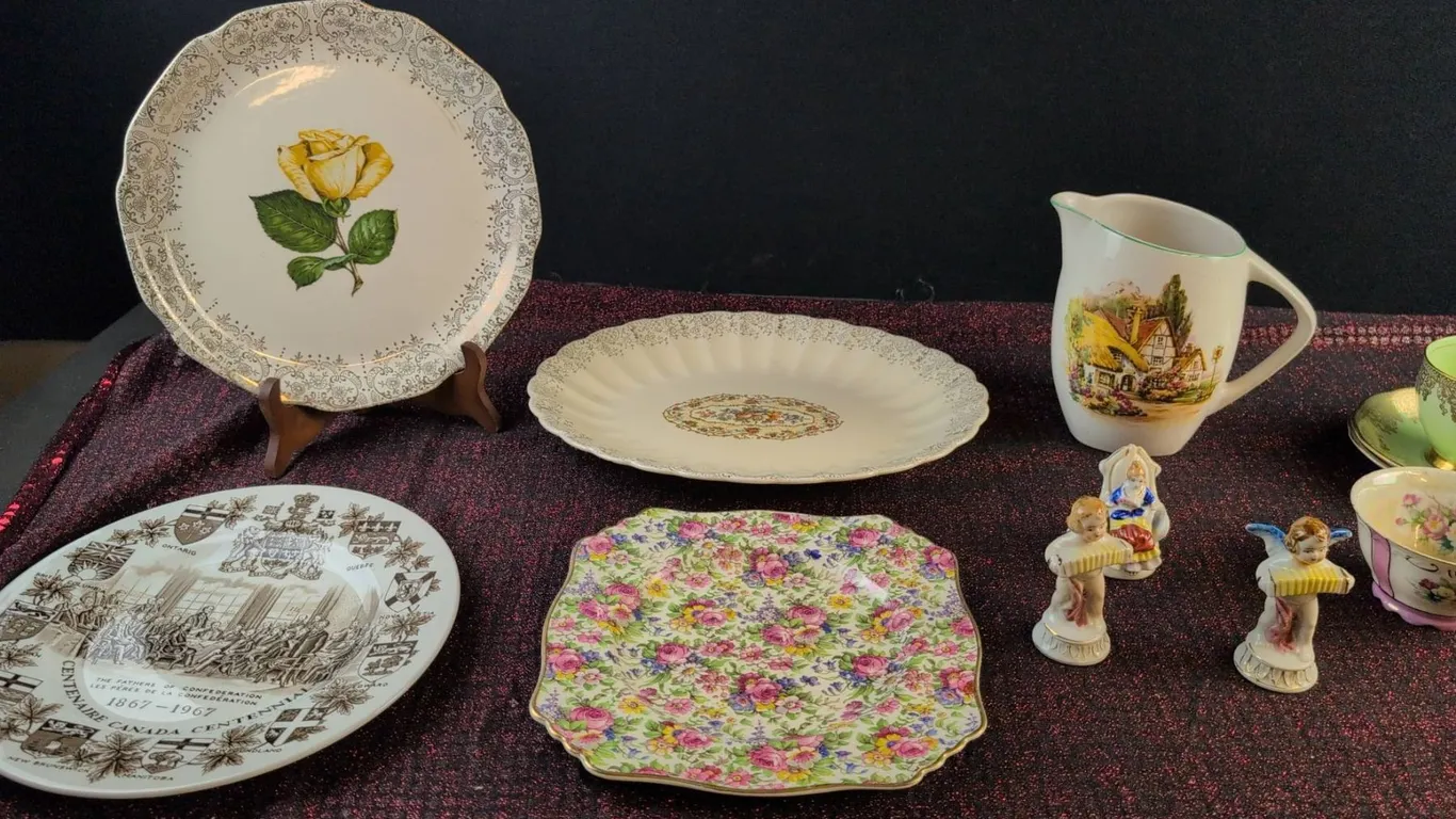 Decorated Plates, Teacups, Figurines and Jug – England and USA