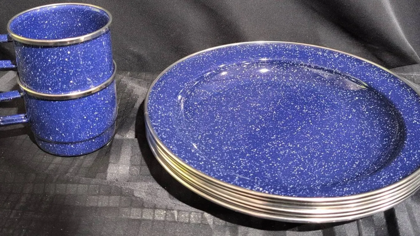 6 Blue Enamel Plates and 2 Matching Mugs