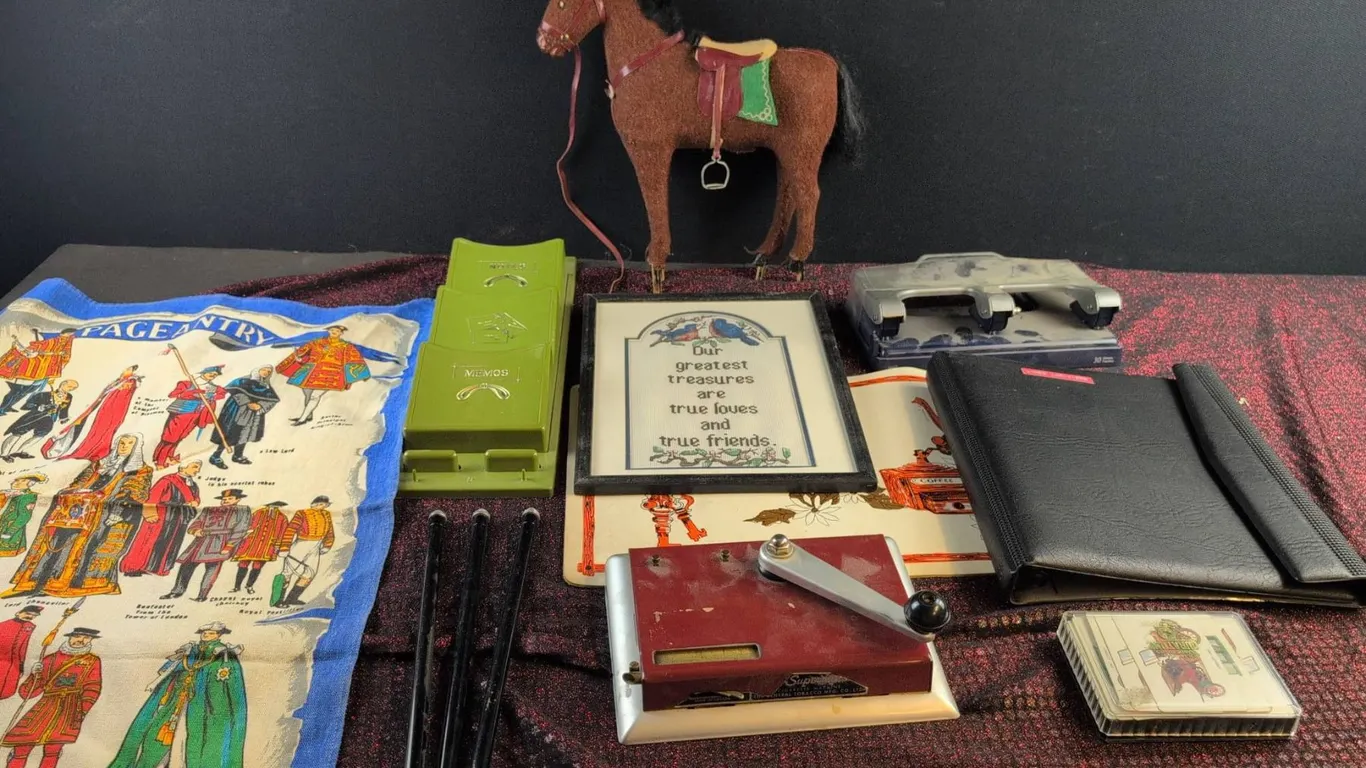 Office, Decor, and Collectible Items Including Cigarette Machine and Playing Cards