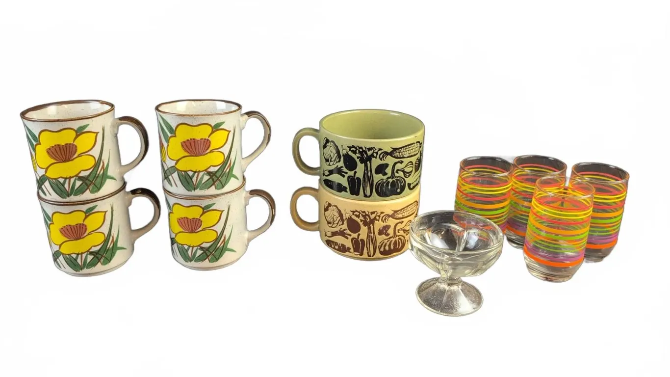 Japanese Ceramic Mugs, Coloured Glass Tumblers, and Glass Dessert Dish