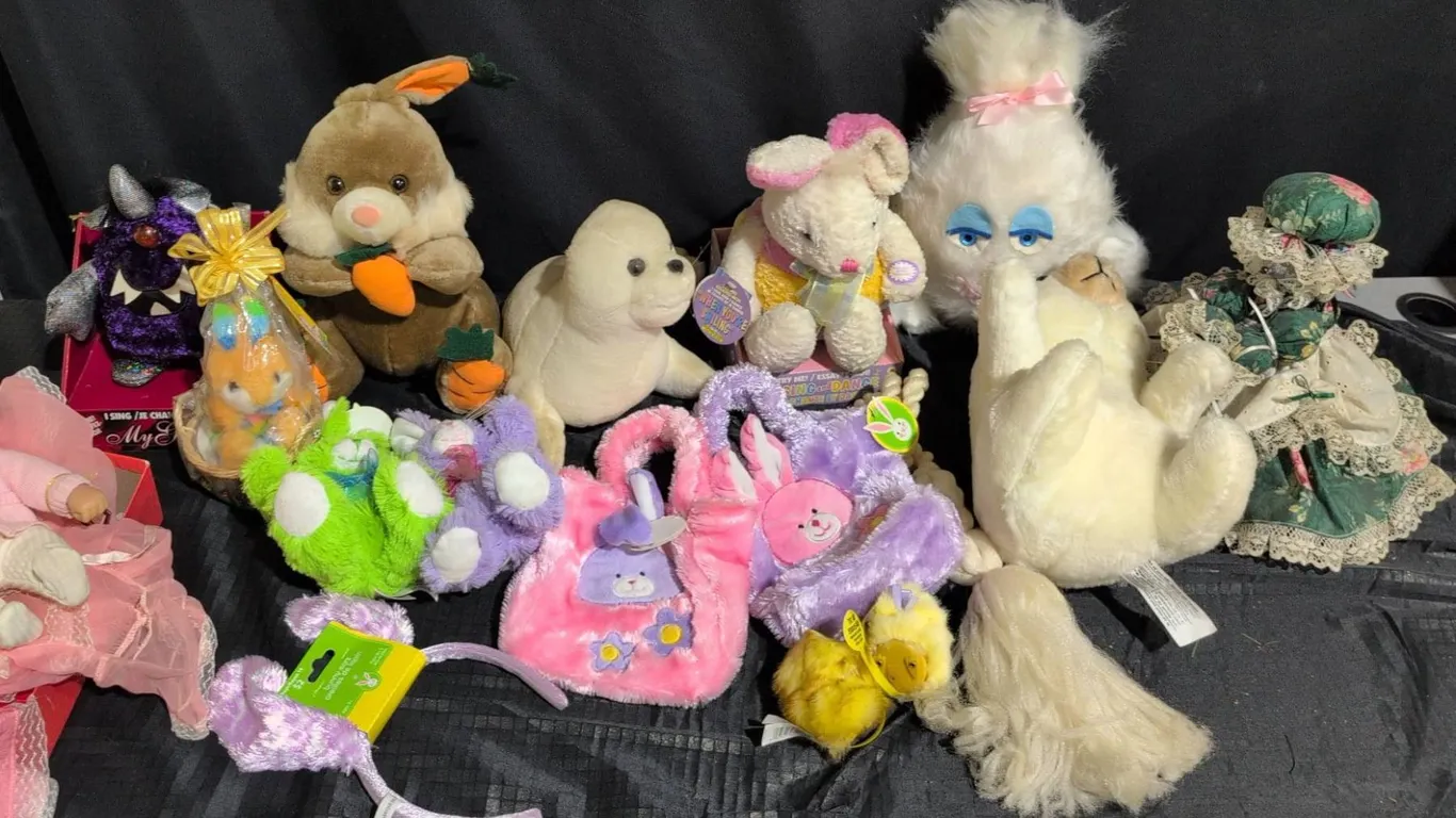 Plush Stuffed Animals, Baby Doll, and Assorted Doll Dresses