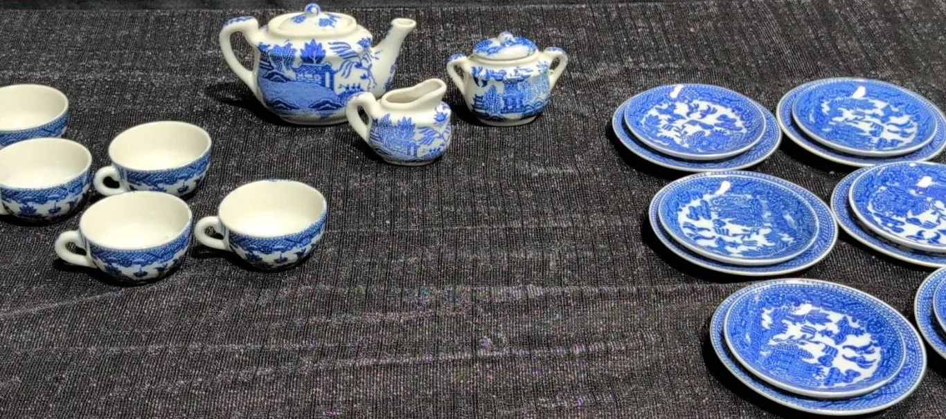 Blue and White Mini China Tea Set with Six Cups and Saucers