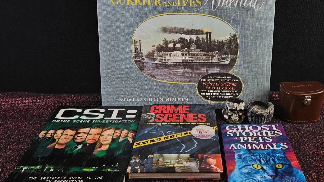 Lot: Books, Skull Decor, Skoparex Lens with Case and Paperwork