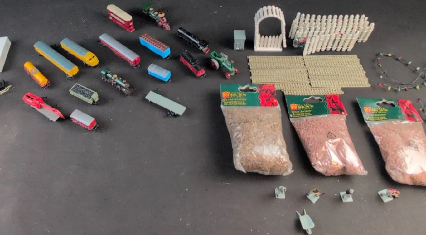 Model Train Accessories and Scenic Lot with Vehicles, Figures, and Scenery