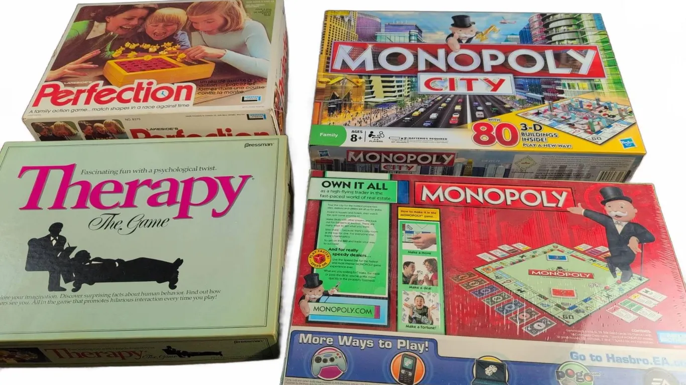 Board Game Lot: Monopoly City, Monopoly, Perfection, Therapy (4 Games)