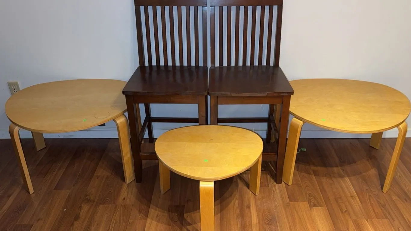 2 Wooden Slat Back Chairs and 3 Round Blonde Wood Tables