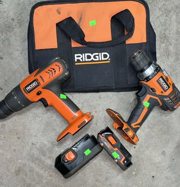 RIDGID 18V Cordless Drill Set with Two Drills, Two Batteries, Charger, and Bag