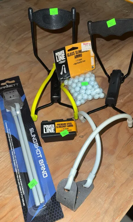 Barnett and PowerLine Slingshots with Extra Bands and Glass Ammo