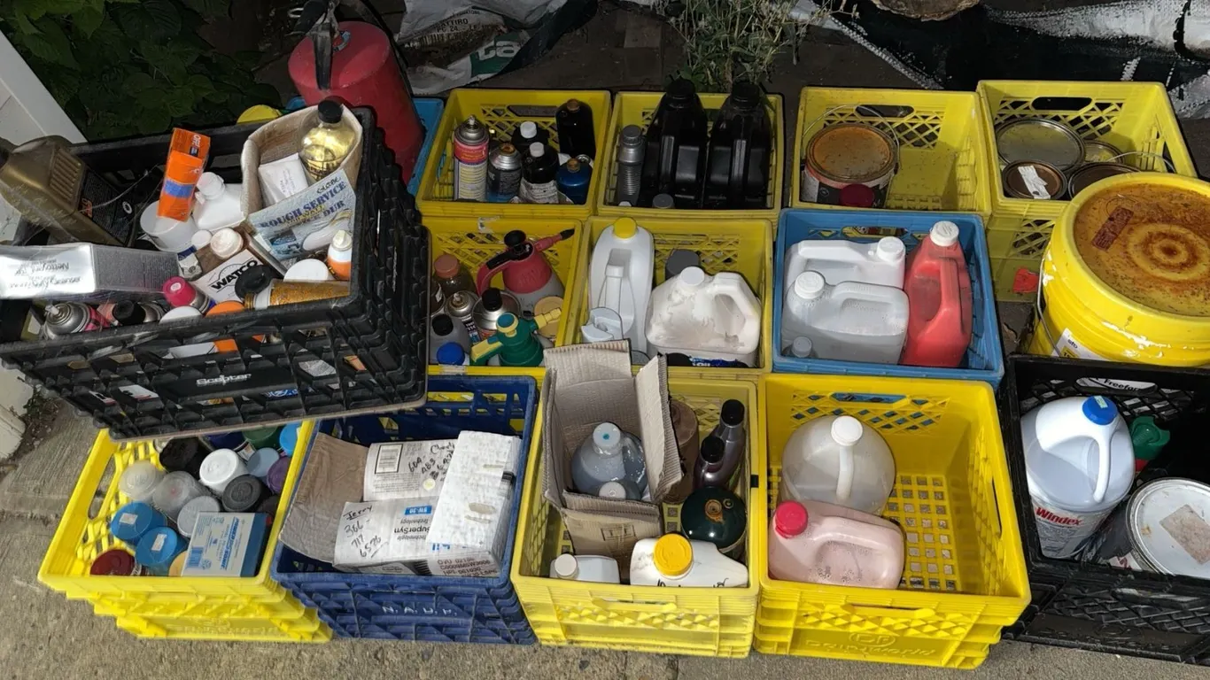 Chemicals, Paints, and Automotive Fluids in Plastic Crates