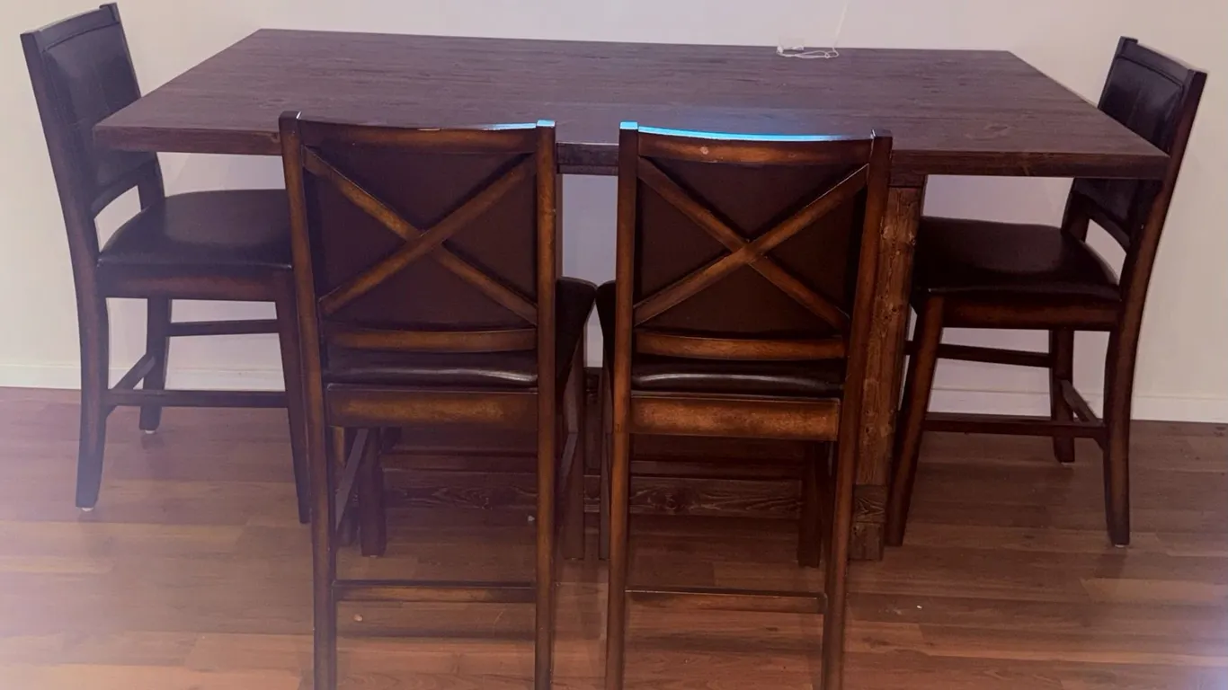 Counter-Height Wood Dining Table with Four Faux Leather Chairs
