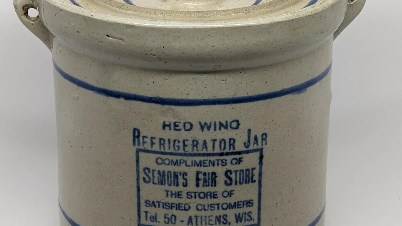 5# RED WING STONEWARE BLUE BAND ADVERTISING REFRIGERATOR JAR SEMON'S FAIR STORE ATHENS WISCONSIN