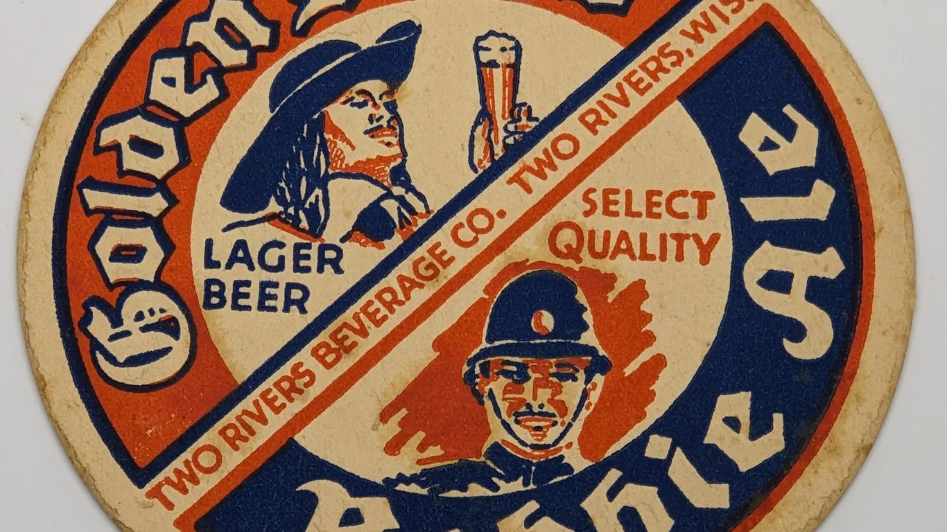 GOLDEN DROPS LAGER BEER BOBBIE ALE BEER COASTER TWO RIVERS WISCONSIN