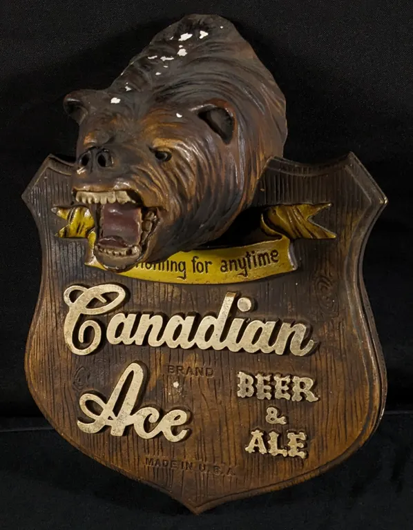 PLASTER GRIZZLY BEAR SIGN CANADIAN ACE BEER & ALE CHICAGO ILLINOIS