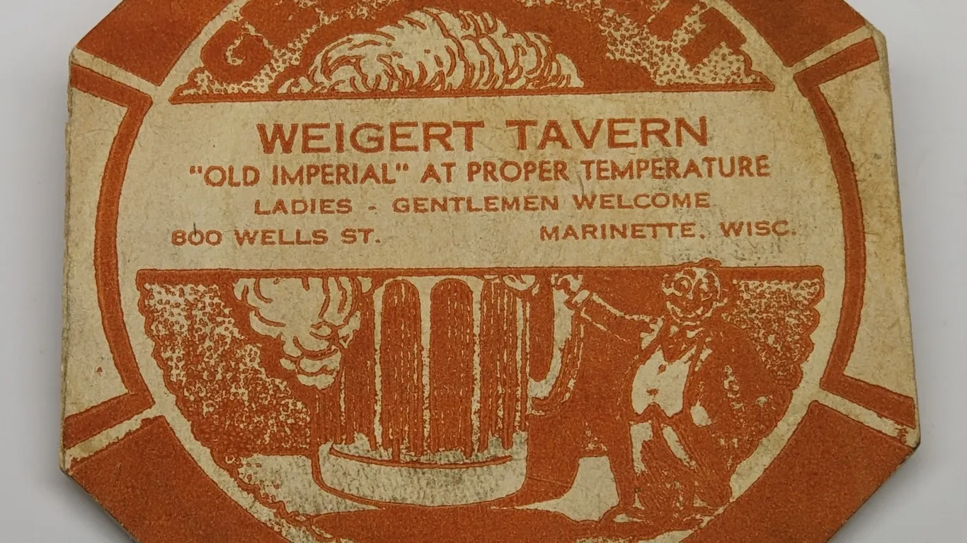 (RAHR'S GREEN BAY) OLD IMPERIAL BEER COASTER WEIGERT TAVERN MARINETTE WISCONSIN
