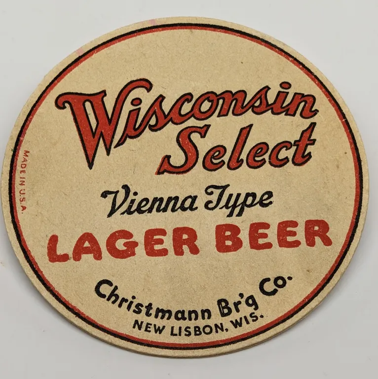 WISCONSIN SELECT VIENNA TYPE LAGER BEER COASTER CHRISTMANN NEW LISBON
