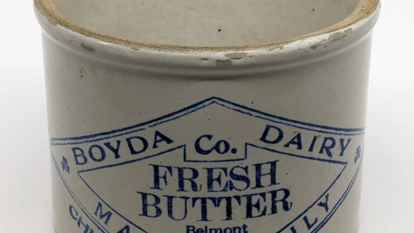 5# RED WING STONEWARE ADVERTISING BUTTER CROCK BOYDA DAIRY CHICAGO ILLINOIS