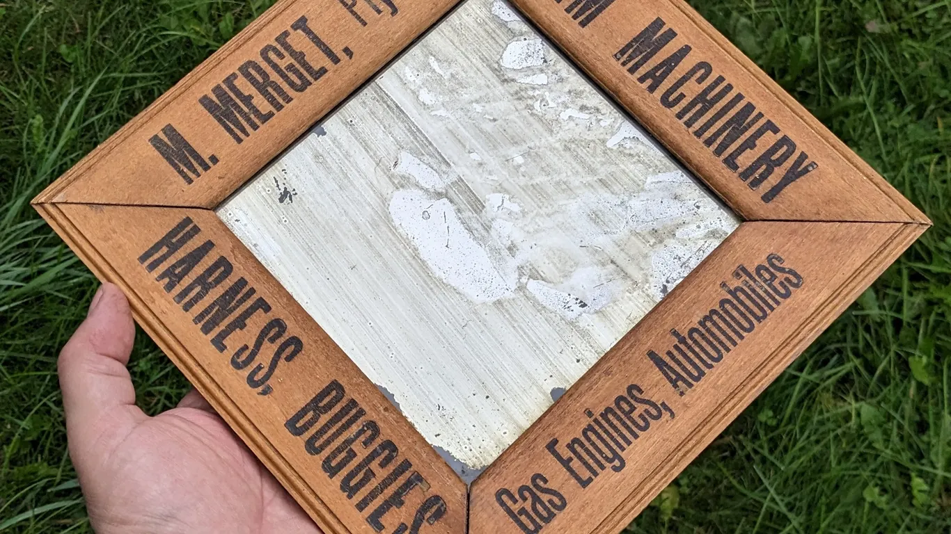 M. MERGET PLYMOUTH WISCONSIN FARM MACHINERY, GAS ENGINES, AUTOMOBILES, HARNESS & BUGGIES ITHACA SIGN WORKS ADVERTISING MIRROR SIGN