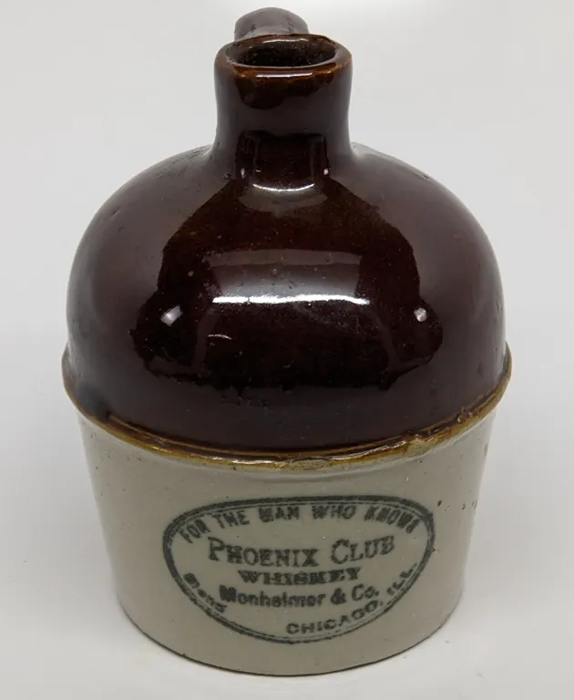 RED WING STONEWARE ADVERTSING FANCY JUG FOR THE MAN WHO KNOWS PHOENIX CLUB WHISKEY CHICAGO ILLINOIS