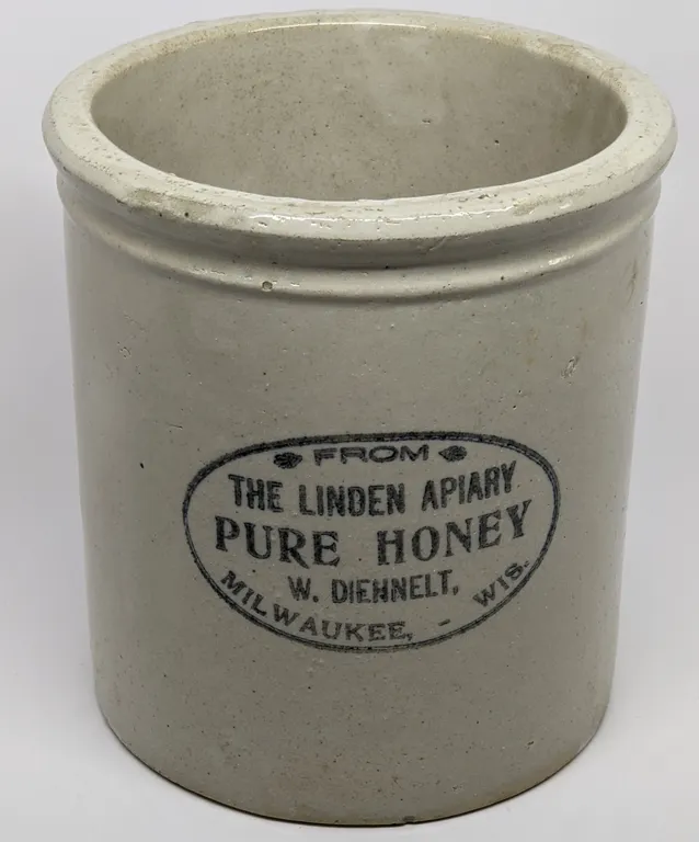 1/2 GAL RED WING STOINEWARE ADVERTISING CROCK FROM THE LINDEN APIARY PURE HONEY W. DIEHNELT MILWAUKEE WISCONSIN