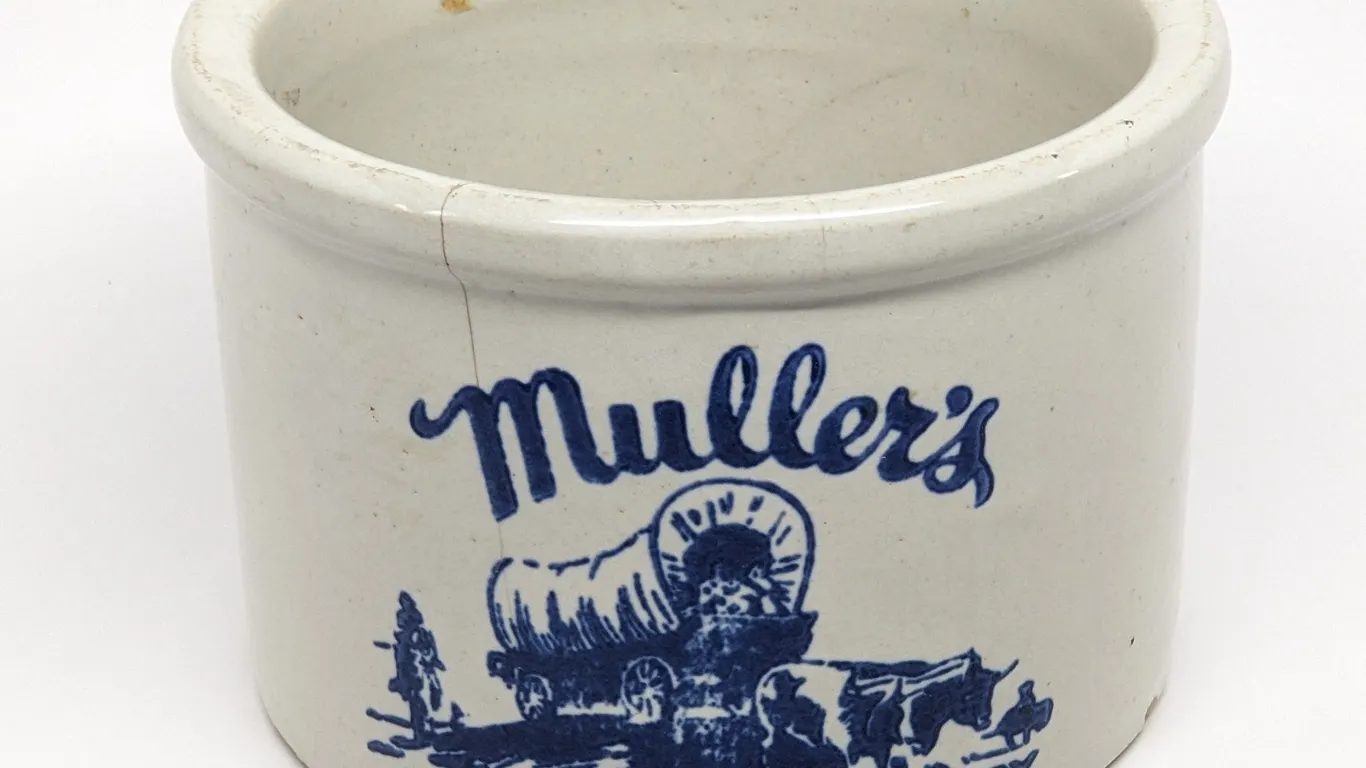 2# STONEWARE ADVERTISING BUTTER CROCK MULLERS ROCKFORD'S PIONEER DAIRY ILLINOIS