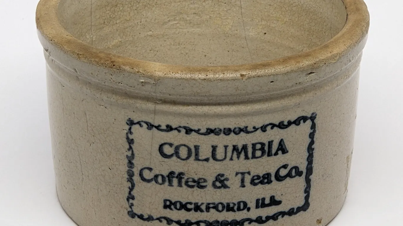 2# STONEWARE ADVERTISING BUTTER CROCK COLUMBIA COFFEE & TEA CO ROCKFORD ILLINOIS