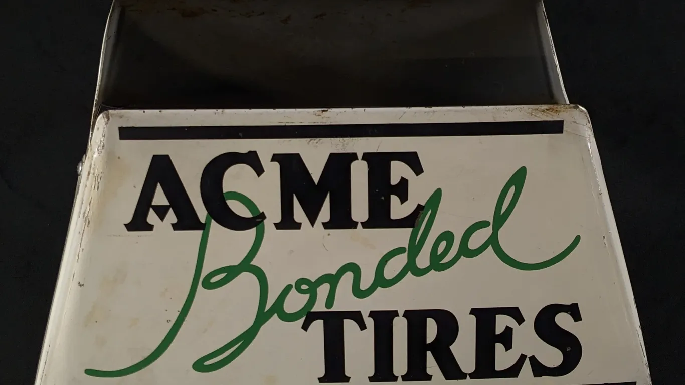 TIN TIRE RACK SIGN CITIES SERVICE ACME BONDED TIRES