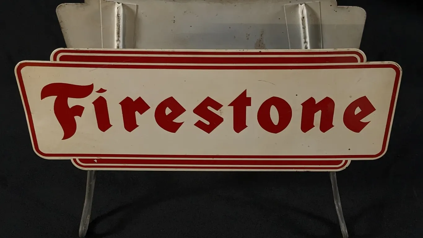 TIN TIRE RACK SIGN FIRESTONE TIRES