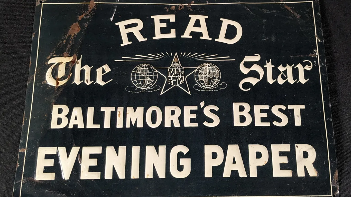 EMBOSSED TIN SIGN READ THE STAR BALTIMORE'S BEST EVENING PAPER
