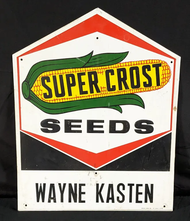EMBOSSED ALUMINUM SIGN SUPER CROST SEEDS WAYNE KASTEN