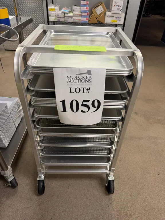 WINCO 10 SLOT ROLLY PAN ROACK W/ 22 FULL SIZE PANS