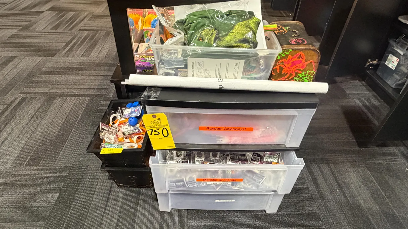 LOT OF ASSORTED PRIZES IN PLASTIC DRAWERS