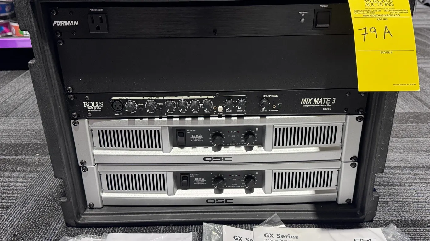 FULL DJ RACK SYSTEM WITH MOUNTED UNUSED EQUIPMENT