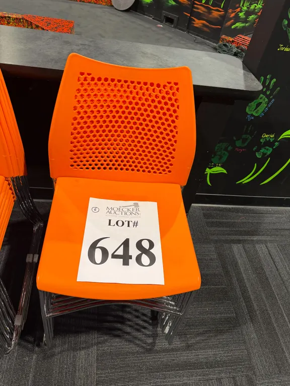 METAL & PLASTIC ORANGE STACKING CHAIRS